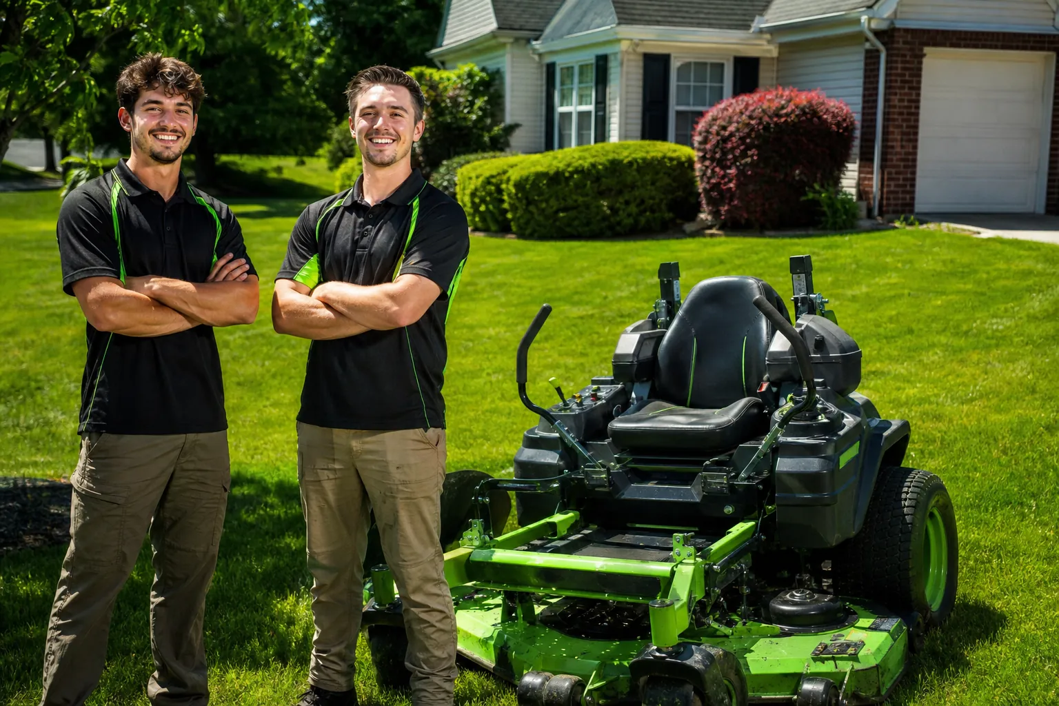 Two Meridian lawn technicians beside a mower