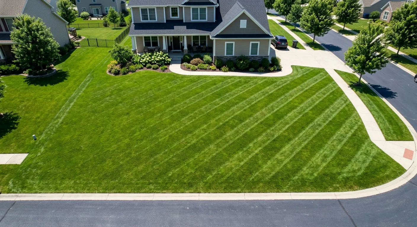 Aerial view of a freshly striped emerald lawn